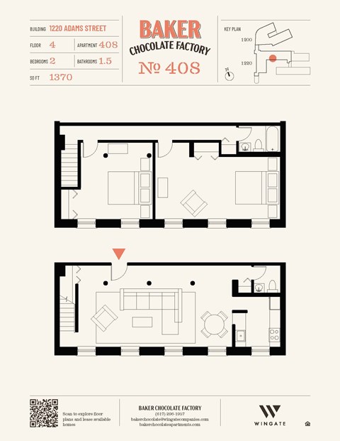 Floor plan for 2 beds, 1.5 baths, 900 sqft